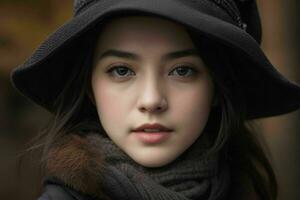 close up beautiful girl with a coat and hat in the street. AI Generative Pro Photo