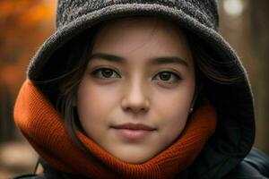 cerca arriba hermosa niña con un Saco y sombrero en el calle. ai generativo Pro foto