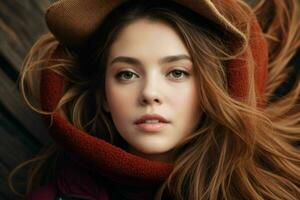 close up beautiful girl with a coat and hat in the street. AI Generative Pro Photo