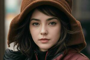 close up beautiful girl with a coat and hat in the street. AI Generative Pro Photo