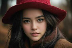 close up beautiful girl with a coat and hat in the street. AI Generative Pro Photo