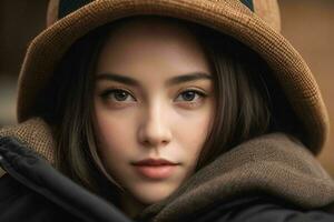 close up beautiful girl with a coat and hat in the street. AI Generative Pro Photo