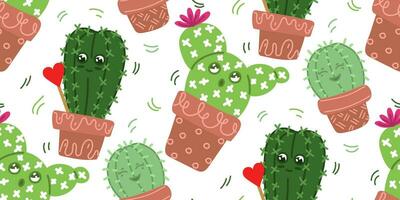 A pattern with cute cacti and funny faces in pots. Seamless texture for printing. Emotional indoor plants on a white background. Children's prickly cute texture. House plants in a scatter vector