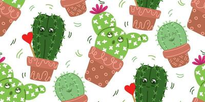 A pattern with cute cacti and funny faces in pots. Seamless texture for printing. Emotional indoor plants on a white background. Children's prickly cute texture. House plants in a scatter vector