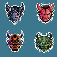 Four Colorful Demon Head Stickers with Various Designs on a Blue Background vector