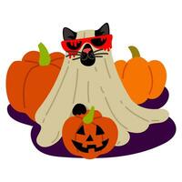 A cat in a Halloween sheet with a pumpkin with a carved face on a pumpkin background. A black cat with glasses with bloody smudges. Flat vector illustration on white. Costume for a cat with glasses