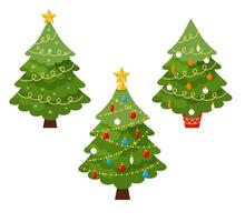 Set of three green Christmas trees with decorations vector