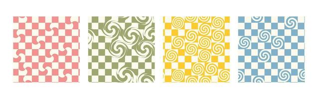 Retro groovy checkerboard with swirl seamless pattern set vector
