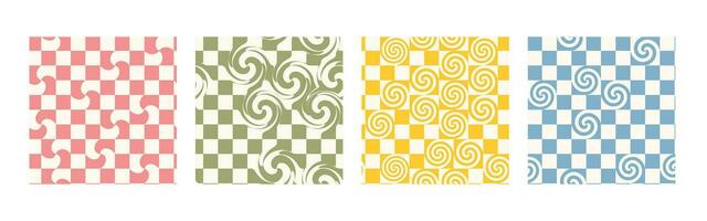 Retro groovy checkerboard with swirl seamless pattern set vector