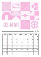 Planner vertical page on March 2024 year template of Brutalist style design vector