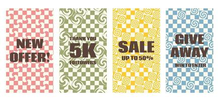 Retro groovy checkerboard with swirl pattern set of 70s80s style vector