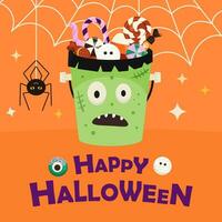 Halloween card design with bucket Frankenstein full of sweets vector