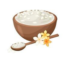 Wooden spoon and bowl full cosmetic sea salt with flowers vector