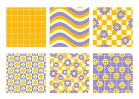 Groovy seamless patterns with funny happy daisy, wave, chess, mesh, smile vector