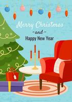 Merry Christmas and Happy New Year greeting postcard with red armchair and Christmas tree. Candlestick with red candles on the table. Card with Blue background and festive interior vector