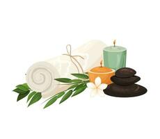 Towel with candles, black hot stone, spa vector