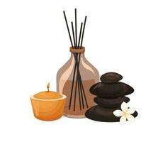 Composition of stones, burning candle and aroma sticks in bottle, spa vector