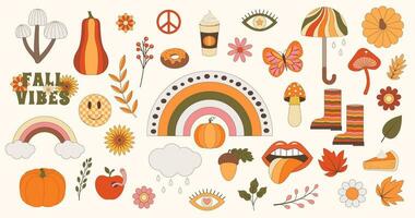 Autumn vibe retro groovy elements 70s80s style vector