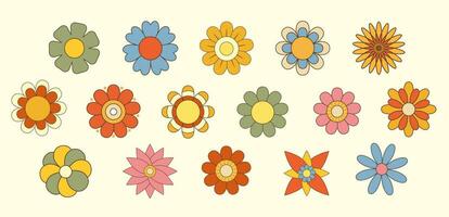 Abstract retro flowers set Hippie aesthetic, vintage floral vector elements