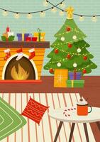 Christmas greeting postcard with cozy interior. Room with fireplace, Christmas tree, carpet. On the table is a cup of cocoa and a lollipop. Winter room vector illustration in retro style