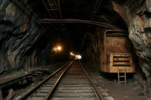 Mine tunnel cave railway inside. Generate Ai photo