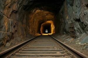 Mine tunnel cave railway deep. Generate Ai photo