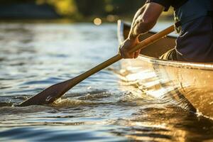 hombre filas un remo en un canoa. generar ai foto