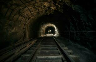 Mine tunnel cave railway. Generate Ai photo