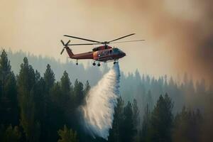 Helicopter drop water forest fire. Generate Ai photo