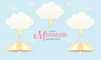 Cute Pastel Color Scheme and Paper Cut Style Happy Monsoon Season Sale Banner Background vector