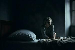 Depressed woman bedroom. Generate Ai photo
