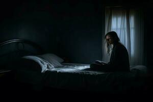 Deprimido mujer oscuro dormitorio. generar ai foto