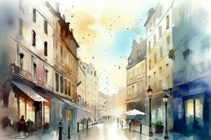 European cozy street watercolor art. Generate Ai photo