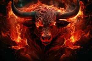 Breathtaking Bull red flames. Generate Ai photo