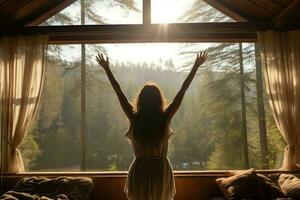 Woman stretching with nature window view. Generate Ai photo