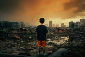 chico destruido ciudad. generar ai foto