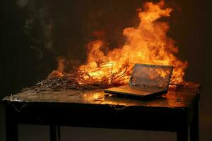 Dangerous Burning laptop table flame. Generate Ai photo