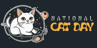 nacional gato día bandera un linda dibujos animados gato inocencia rostro. contento animales amistad Entre humanos y gatos Doméstico animales y mascotas maullar día fiesta celebracion. gato día pegatina póster. vector