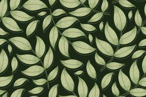 Vector flat decorative twig with green leaves, seamless pattern, plant branch in sketch style.