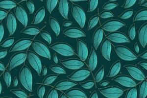 Vector flat decorative twig with green leaves, seamless pattern, plant branch in sketch style.