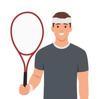 joven hermoso masculino tenis jugador de pie. vector