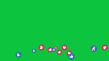 Facebook, social media floating like and love react animated icon symbol moving horizontally in screen bottom on green screen background video