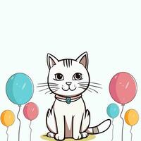 gato día Copiar espacio bandera un linda blanco mullido dibujos animados gato sesión, globos contento animales amistad Entre humanos y gatos Doméstico animales y mascotas maullar día celebracion. gato día pegatina póster. vector