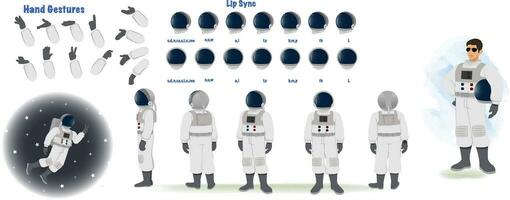 An astronaut model sheet. Space character creation set. Male astronaut turnaround sheet, hand gestures, lip sync vector