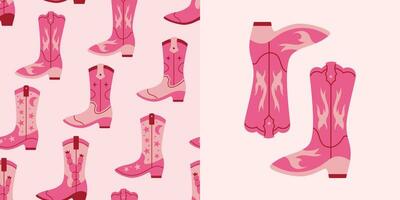 Vector seamless pattern and illustration with pink retro cowgirl boots. Y2k background and card with pink cowboy fashion boots. Vintage western design.