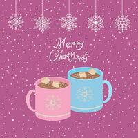 Christmas mugs with hot cocoa or coffee, cream on a pink background. Can be used for greeting cards, party invitations, posters or stickers. Vector. vector