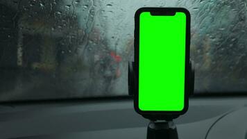 Phone green screen in car. Smartphone green screen on car video