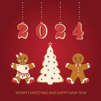 Merry Christmas and New Year 2024 greeting card. Christmas card with wishes and a composition of festive elements and gingerbread. Vector