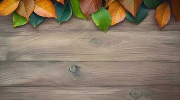 AI Generative leaves on wood background photo