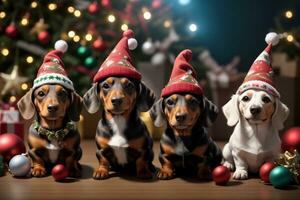 gracioso perros salchicha en Navidad sombreros foto